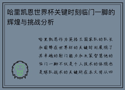 哈里凯恩世界杯关键时刻临门一脚的辉煌与挑战分析