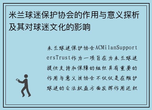 米兰球迷保护协会的作用与意义探析及其对球迷文化的影响