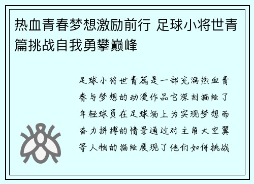 热血青春梦想激励前行 足球小将世青篇挑战自我勇攀巅峰
